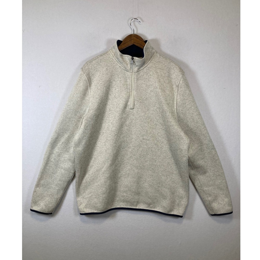 Coastal Preppy Nautica Men XL Oatmeal Heather Quarter Zip Knit Sweater Navy Trim